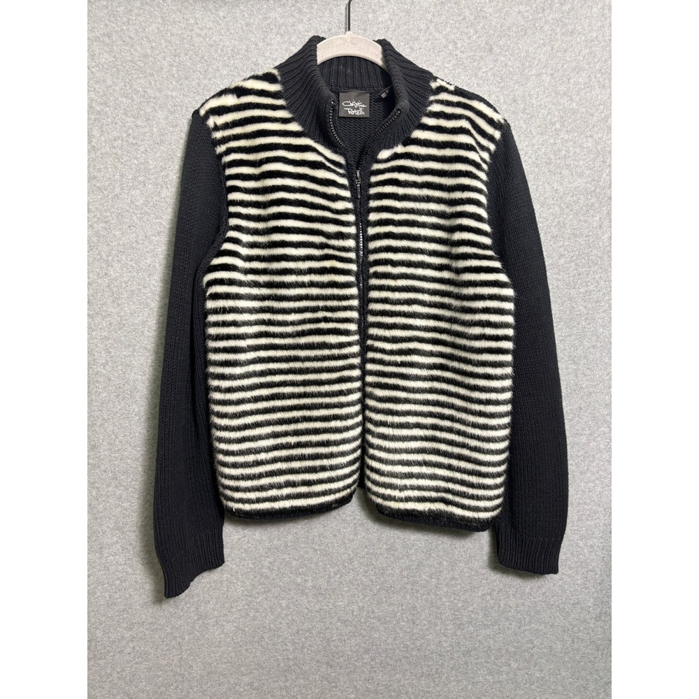 Christina Rotelli Vintage Faux Fur Stripe Zip Sweater Jacket Black White XL